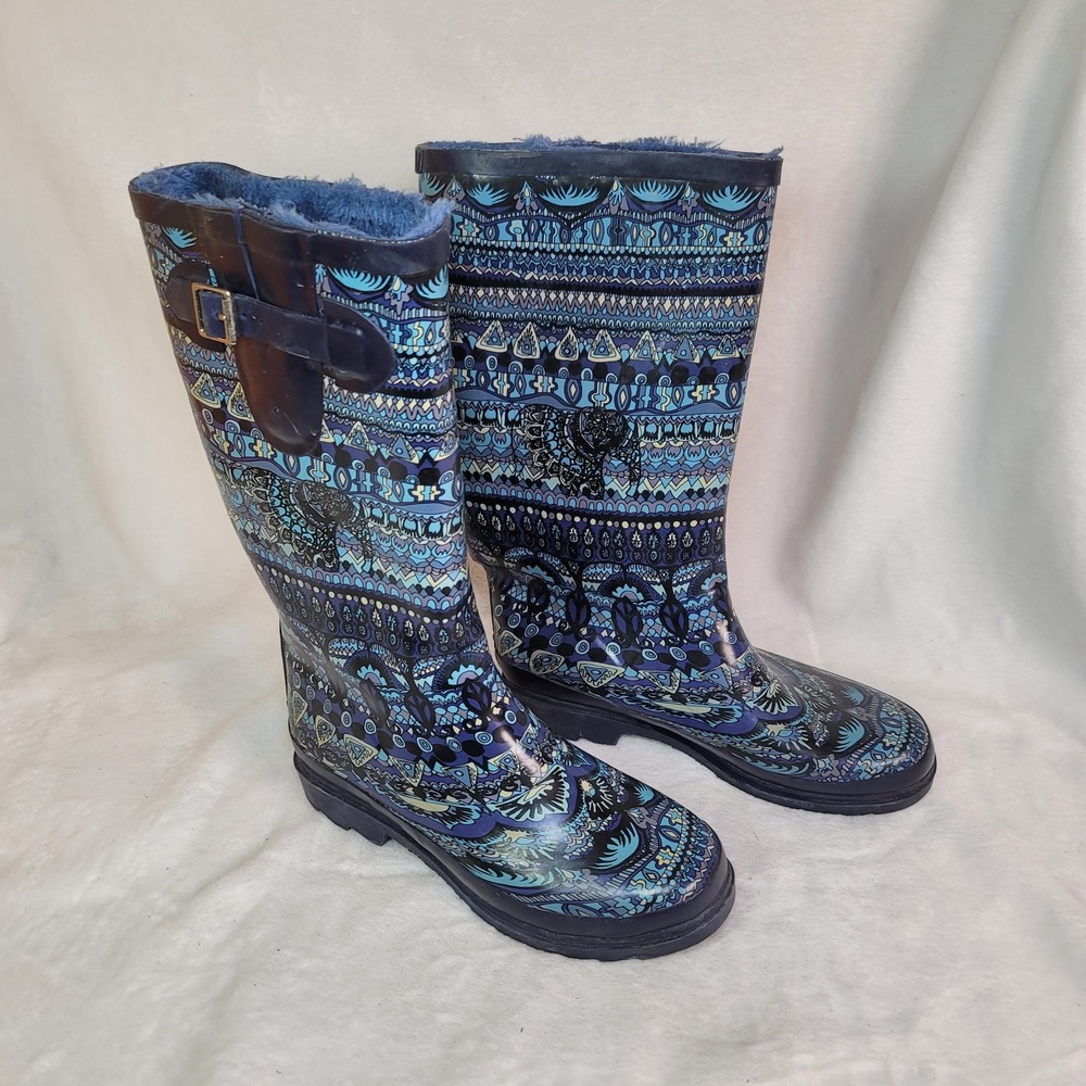 Sakroots Black Spirit Desert Faux Fur Lined Rubber‎ Rain Snow Boots 8 Waterproof